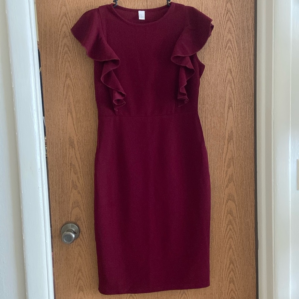 Burgundy Dress with front ruffle detail